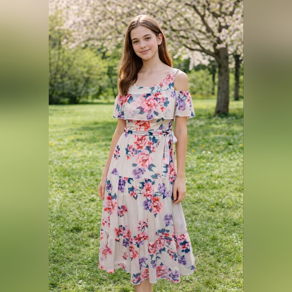 Girls Poppies & Roses Cute Maxi Dress Sz Medium White Floral  Off Shoulder